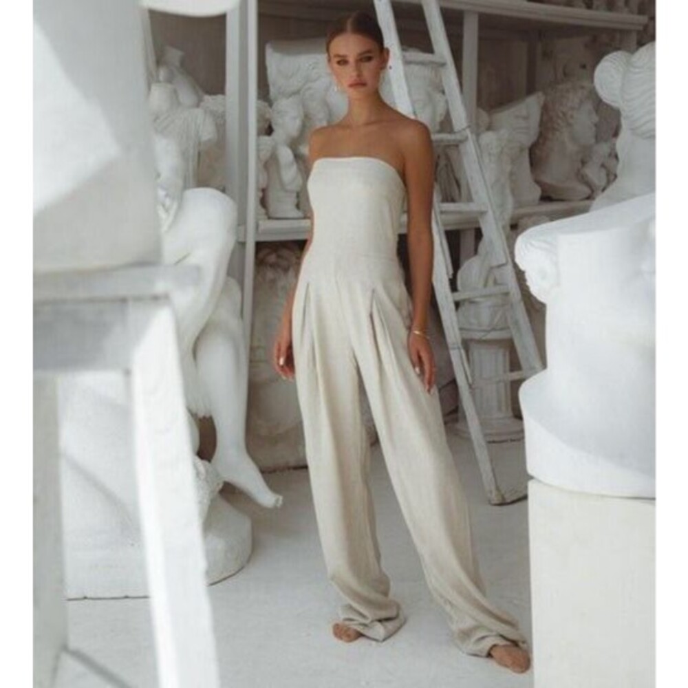 Strapless Cream Wide-Leg Jumpsuit with Pleated Front